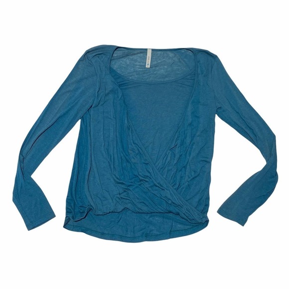 GILLIO Teal Blue Drapey Surplice Faux-Wrap Long Sleeve Blouse Small - Picture 5 of 12